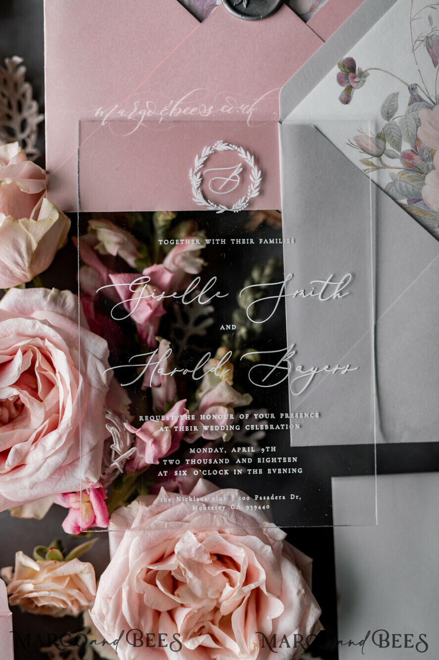 WEDDING INVITATIONS Elegant Invites Classic Cards Luxury Acrylic Plexi Wedding Invitations, Romantic Blush Pink Wedding Invites, Elegant Light Grey Wedding Cards With Vellum Cover, Vintage Handmade Wedding Stationery