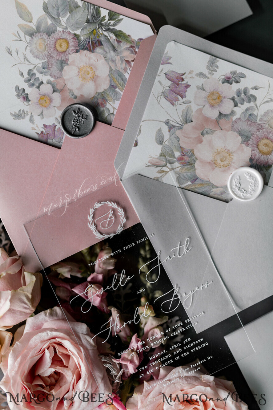 WEDDING INVITATIONS Elegant Invites Classic Cards Luxury Acrylic Plexi Wedding Invitations, Romantic Blush Pink Wedding Invites, Elegant Light Grey Wedding Cards With Vellum Cover, Vintage Handmade Wedding Stationery