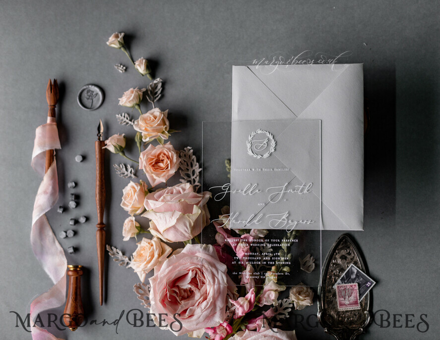 WEDDING INVITATIONS Elegant Invites Classic Cards Luxury Acrylic Plexi Wedding Invitations, Romantic Blush Pink Wedding Invites, Elegant Light Grey Wedding Cards With Vellum Cover, Vintage Handmade Wedding Stationery