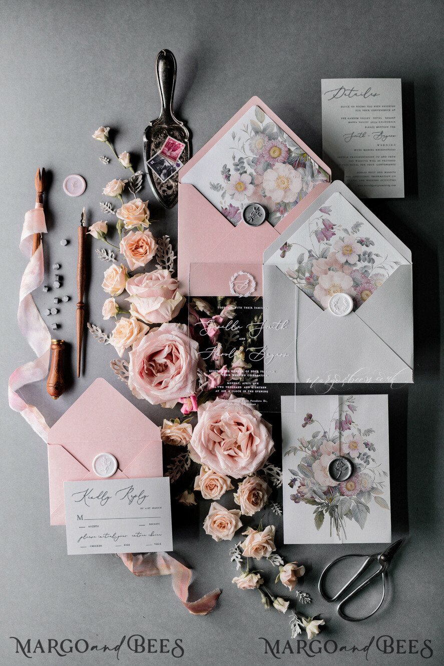WEDDING INVITATIONS Elegant Invites Classic Cards Luxury Acrylic Plexi Wedding Invitations, Romantic Blush Pink Wedding Invites, Elegant Light Grey Wedding Cards With Vellum Cover, Vintage Handmade Wedding Stationery