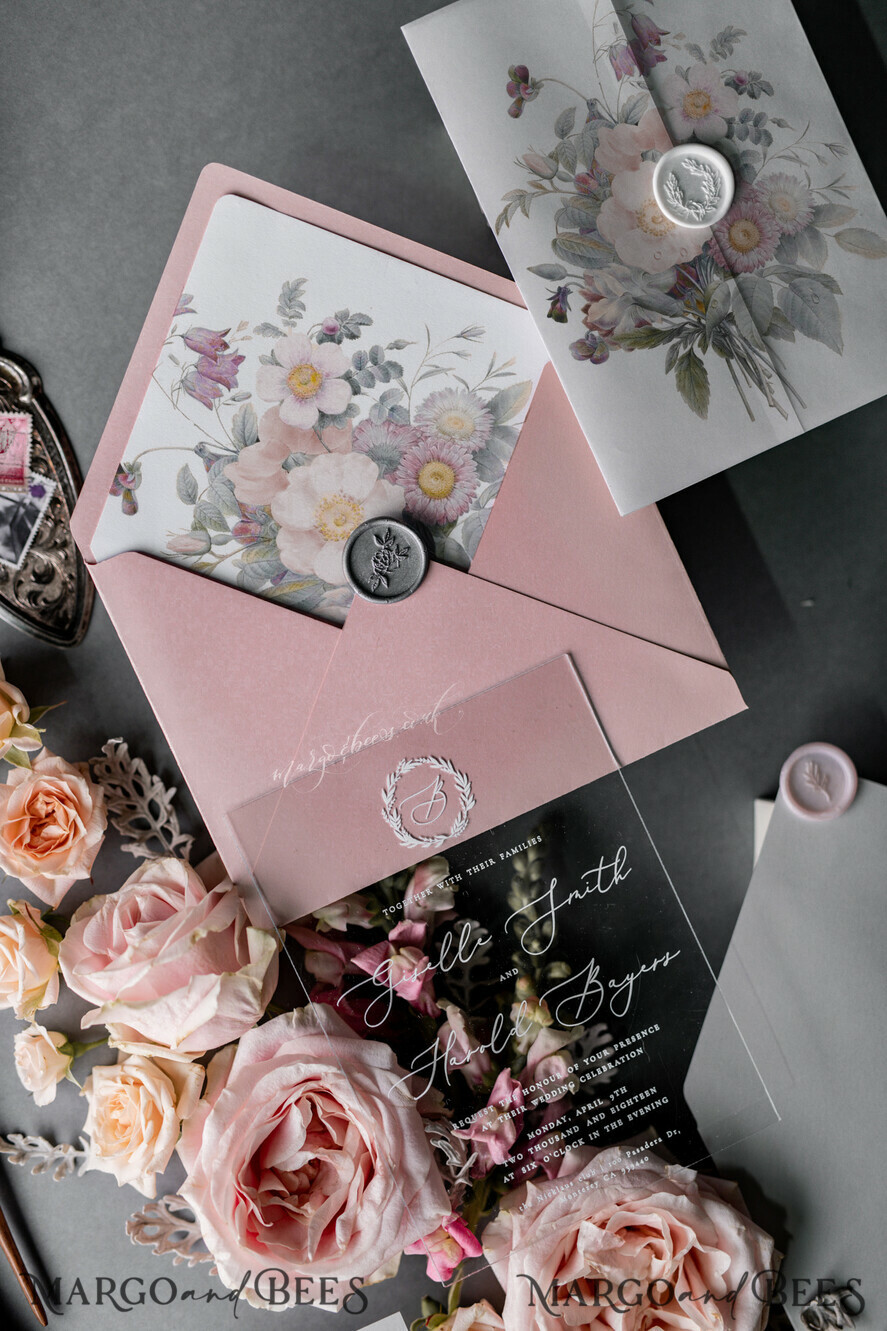 WEDDING INVITATIONS Elegant Invites Classic Cards Luxury Acrylic Plexi Wedding Invitations, Romantic Blush Pink Wedding Invites, Elegant Light Grey Wedding Cards With Vellum Cover, Vintage Handmade Wedding Stationery