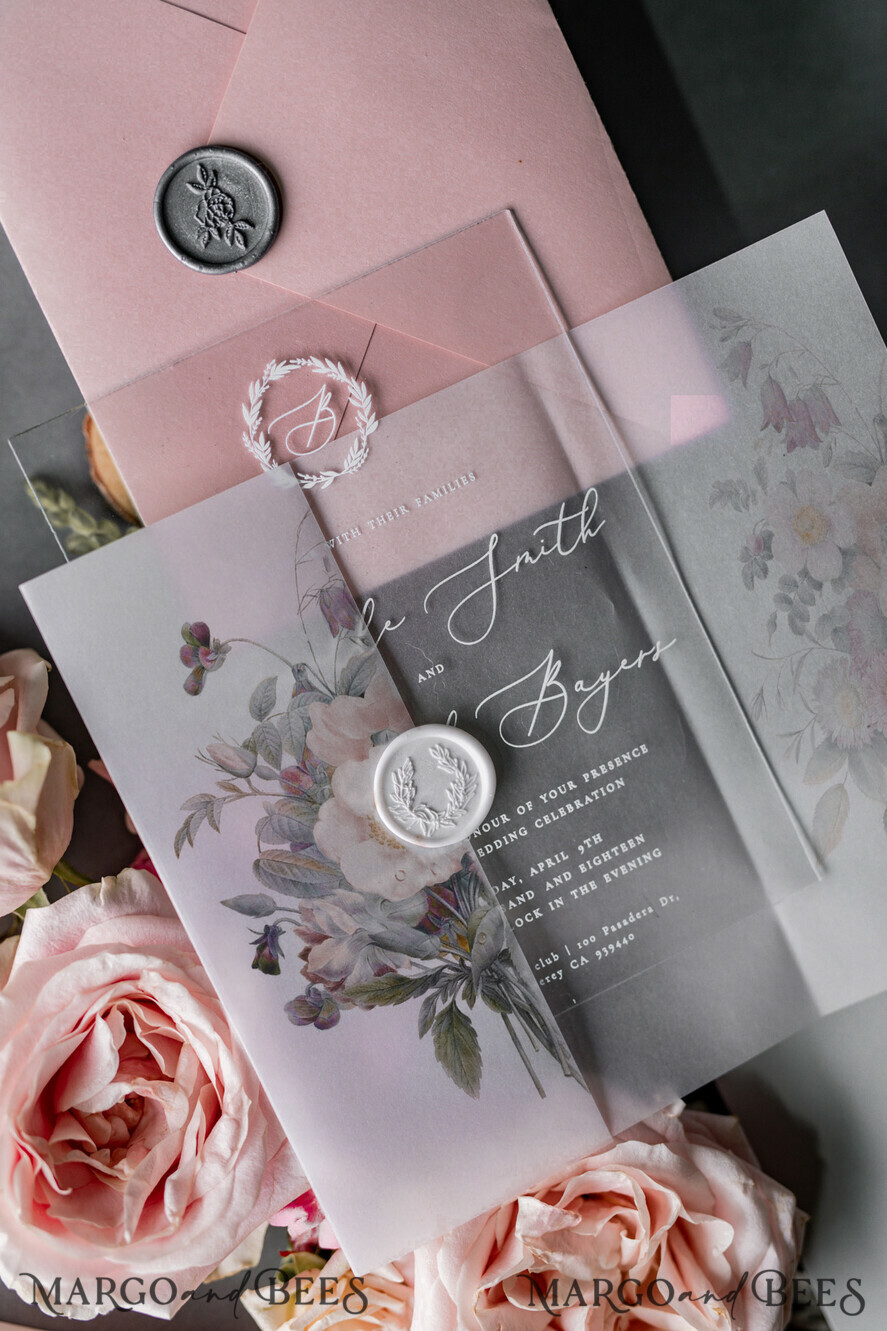 WEDDING INVITATIONS Elegant Invites Classic Cards Luxury Acrylic Plexi Wedding Invitations, Romantic Blush Pink Wedding Invites, Elegant Light Grey Wedding Cards With Vellum Cover, Vintage Handmade Wedding Stationery