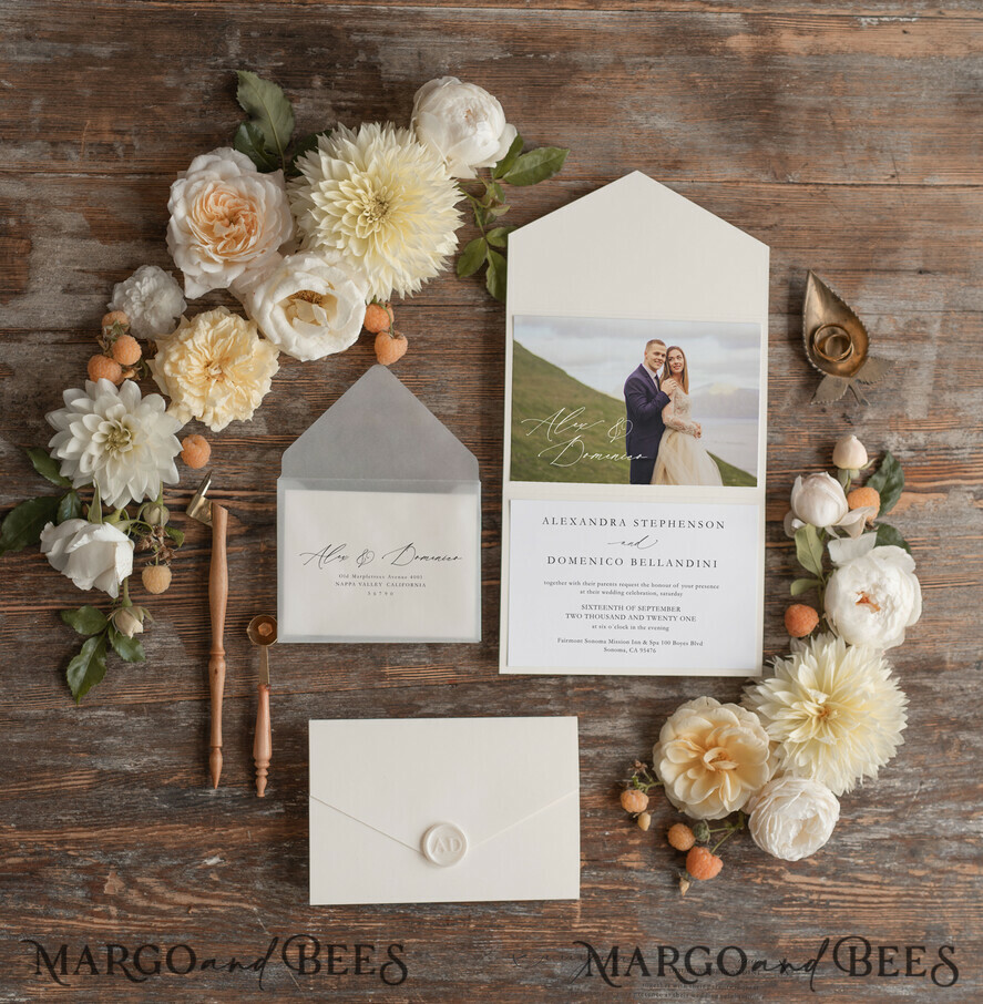 WEDDING INVITATIONS Elegant Invites Classic Cards Elegant Tri Fold Wedding Invitations, Bespoke Nude Wedding Cards, Custom Photo Wedding Invites, Affordable And Handmade Wedding Invitation Suite