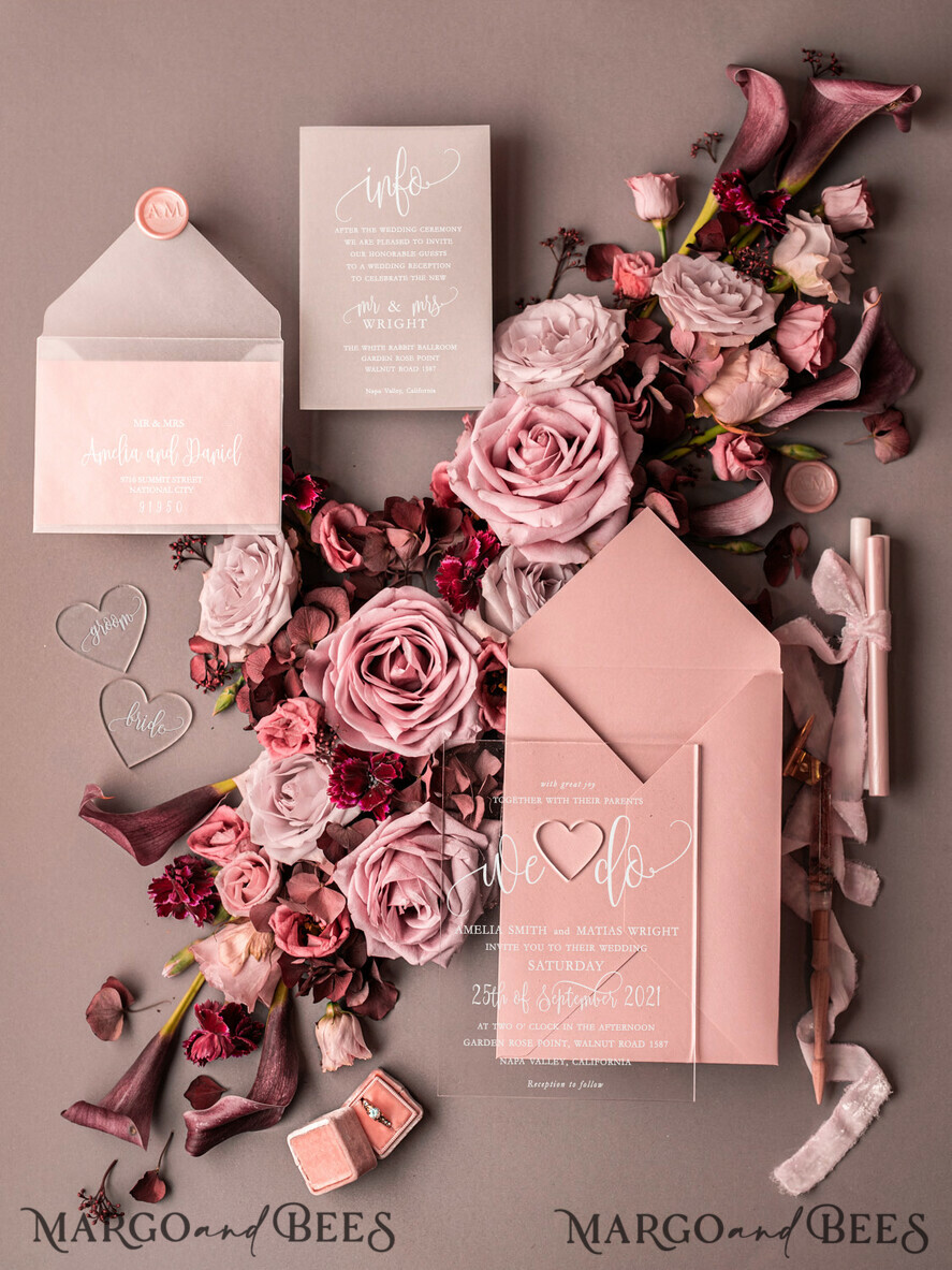 WEDDING INVITATIONS Elegant Invites Classic Cards Blush wedding invitations with romantic transparent acryl 3mm