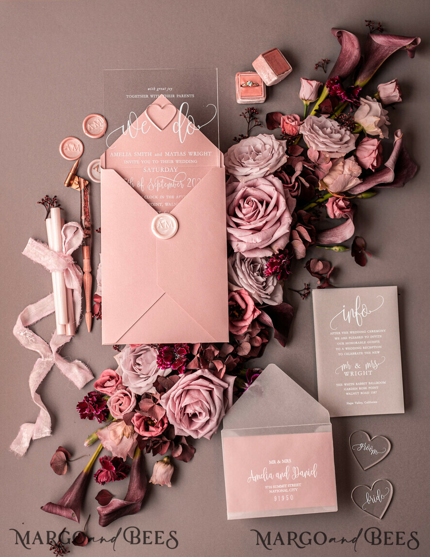 WEDDING INVITATIONS Elegant Invites Classic Cards Blush wedding invitations with romantic transparent acryl 3mm