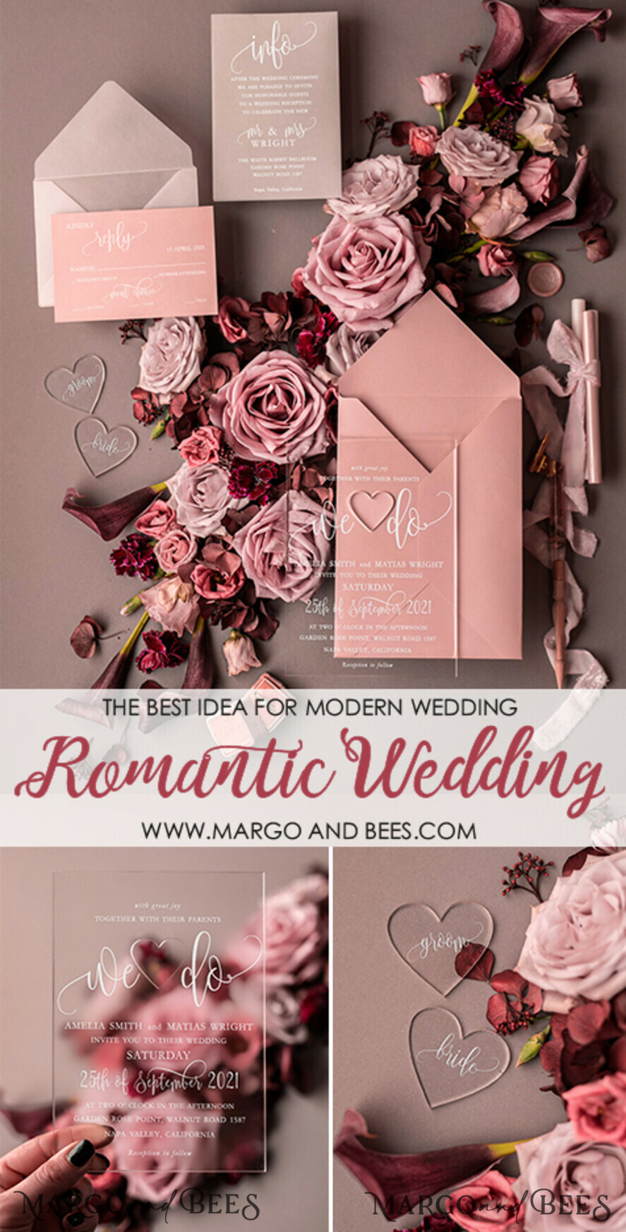 WEDDING INVITATIONS Elegant Invites Classic Cards Blush wedding invitations with romantic transparent acryl 3mm