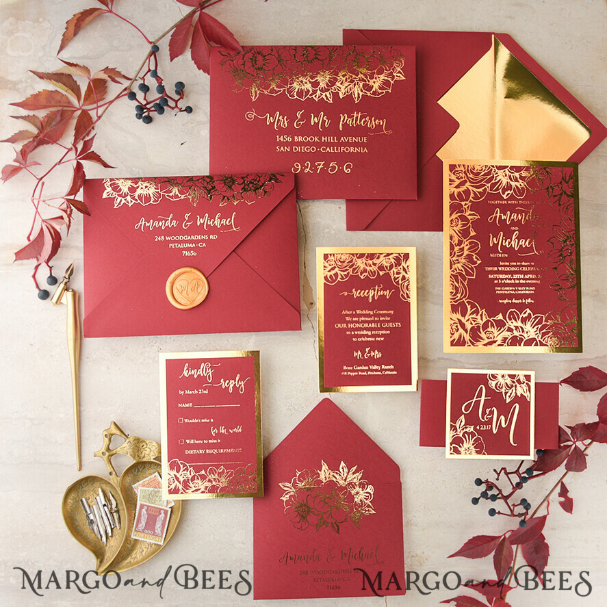 WEDDING INVITATIONS gold / rose gold / silver / glitter Luxury Indian Wedding Invitations, Elegant Red Wedding Cards, Glamour Golden Shine Wedding Invites, Bespoke Floral Wedding Invitation Suite