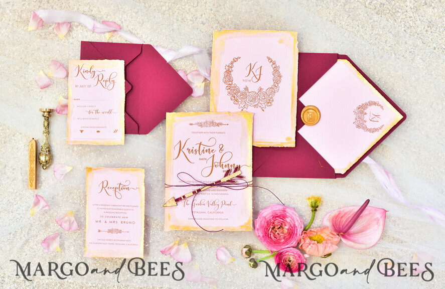 WEDDING INVITATIONS gold / rose gold / silver / glitter Marsala nad Gold Wedding Invitations, Indian Wedding Cards, Boho Glamour Wedding stationery