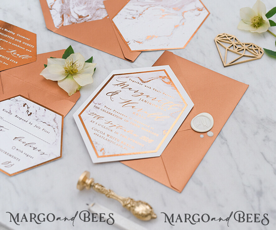WEDDING INVITATIONS gold / rose gold / silver / glitter Luxury Copper Marble Wedding Invitations, Glamour Glitter Wedding Invites, Elegant Geometric Wedding Cards, Bespoke Orange Wedding Stationery