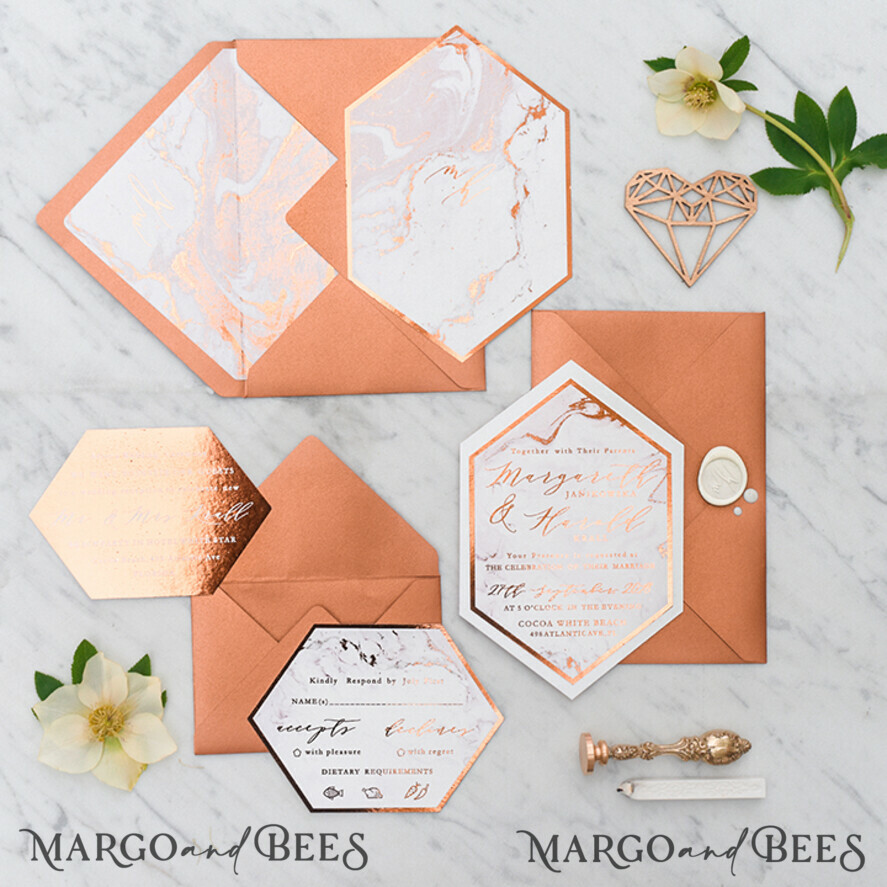 WEDDING INVITATIONS gold / rose gold / silver / glitter Luxury Copper Marble Wedding Invitations, Glamour Glitter Wedding Invites, Elegant Geometric Wedding Cards, Bespoke Orange Wedding Stationery