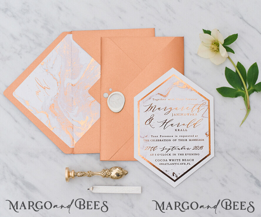 WEDDING INVITATIONS gold / rose gold / silver / glitter Luxury Copper Marble Wedding Invitations, Glamour Glitter Wedding Invites, Elegant Geometric Wedding Cards, Bespoke Orange Wedding Stationery