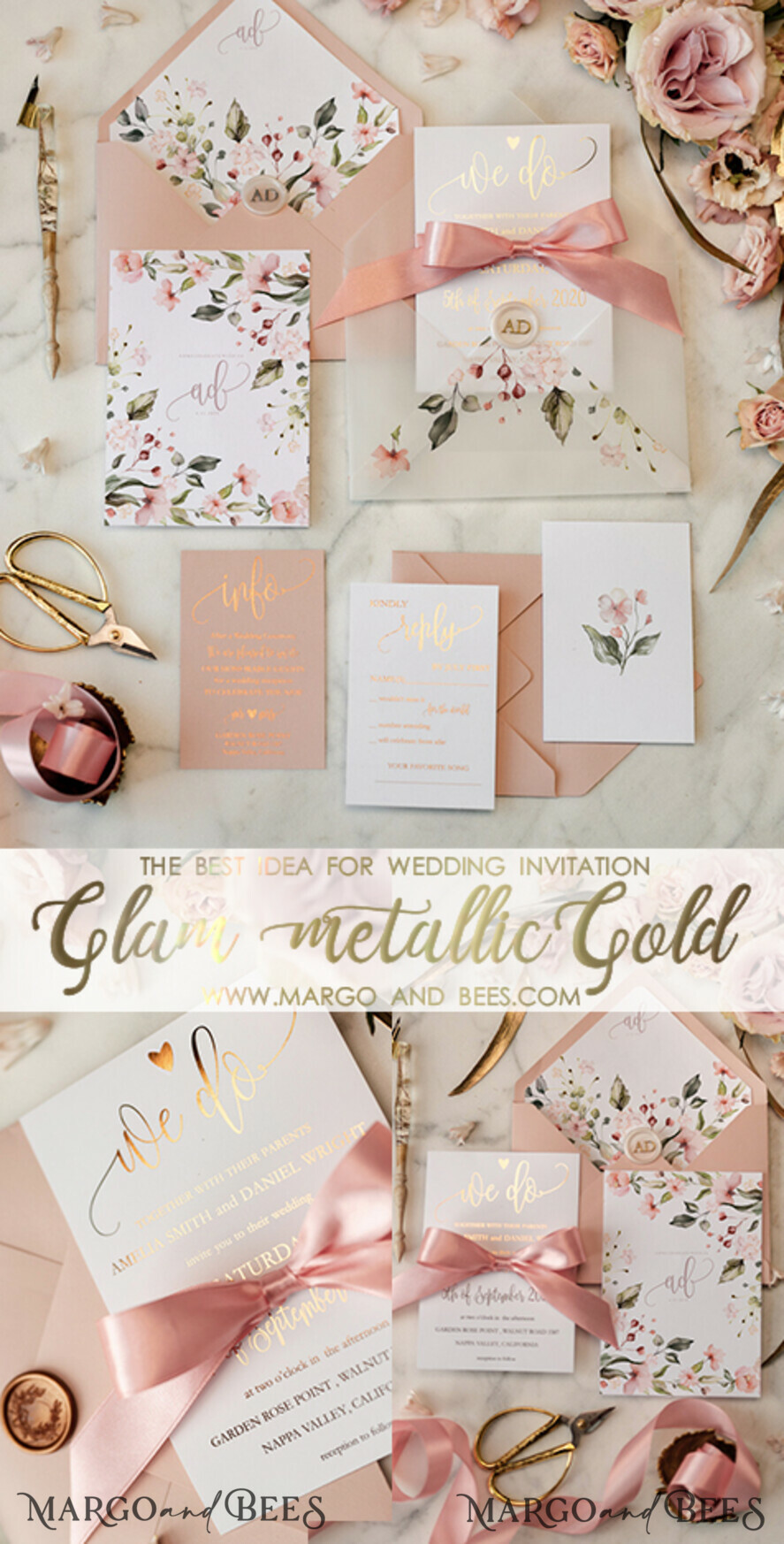 WEDDING INVITATIONS gold / rose gold / silver / glitter Affordable wedding invitations glam metallic gold finish stationery