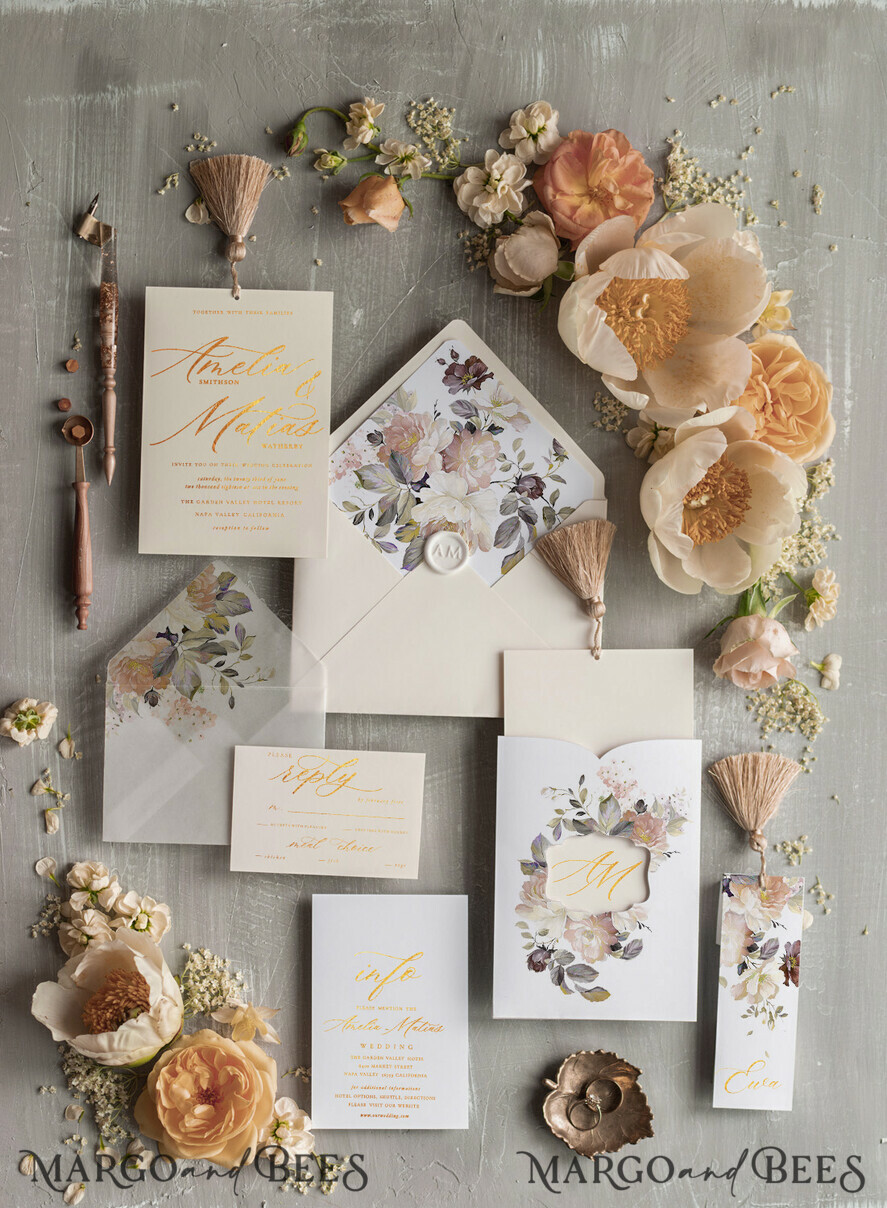 WEDDING INVITATIONS gold / rose gold / silver / glitter Luxury Champagne Wedding Invitations, Glamour Gold Foil Wedding Invites, Elegant Golden Tassel Wedding Invitation Suite, Romantic Floral Pocket Wedding Cards