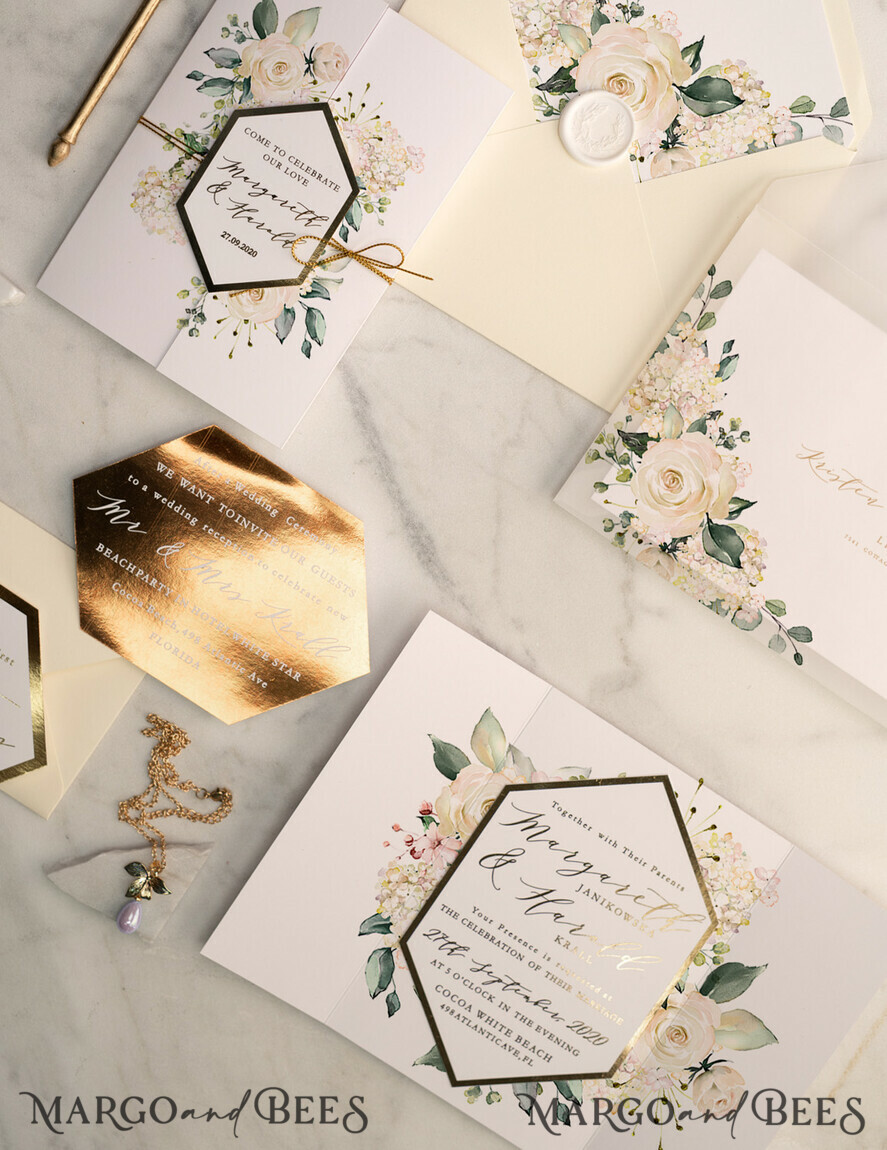 WEDDING INVITATIONS gold / rose gold / silver / glitter Luxury Gold Foil Wedding Invites, Glamour Golden Shine Wedding Invitations, Elegant Nude Pocketfold Wedding Invitation Suite, Geometric Bespoke Wedding Cards