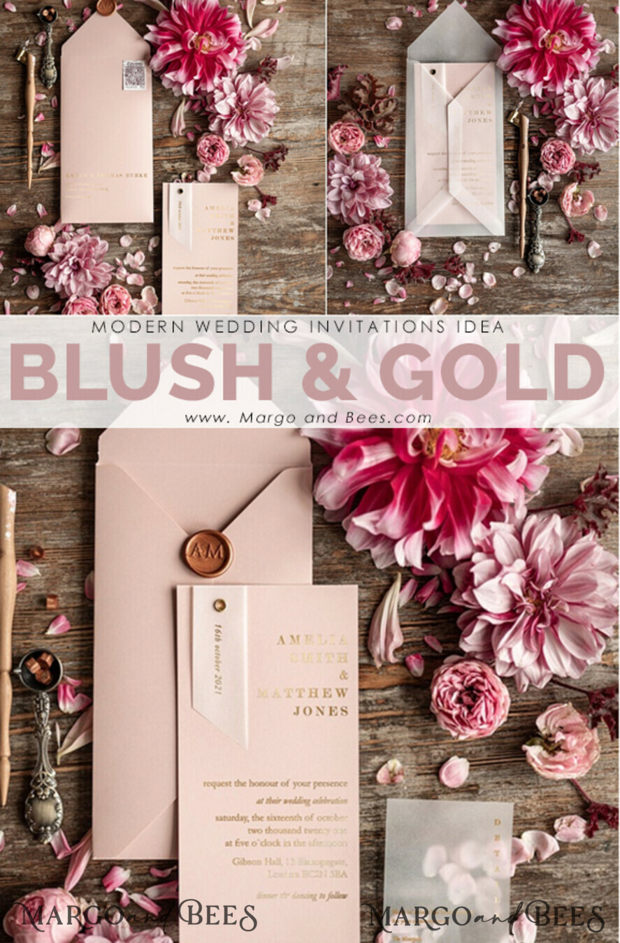 WEDDING INVITATIONS gold / rose gold / silver / glitter Glamour Gold Foil Wedding Invitations, Elegant Blush Pink Geometric Wedding Cards, Bespoke White Vellum Wedding Invites, Luxury Golden Shine Wedding Invitation Suite