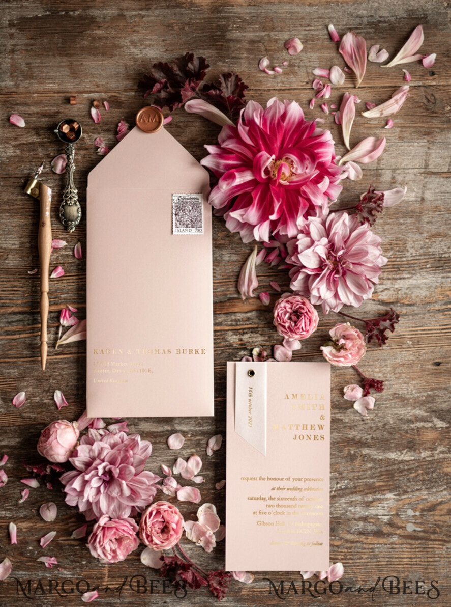 WEDDING INVITATIONS gold / rose gold / silver / glitter Glamour Gold Foil Wedding Invitations, Elegant Blush Pink Geometric Wedding Cards, Bespoke White Vellum Wedding Invites, Luxury Golden Shine Wedding Invitation Suite