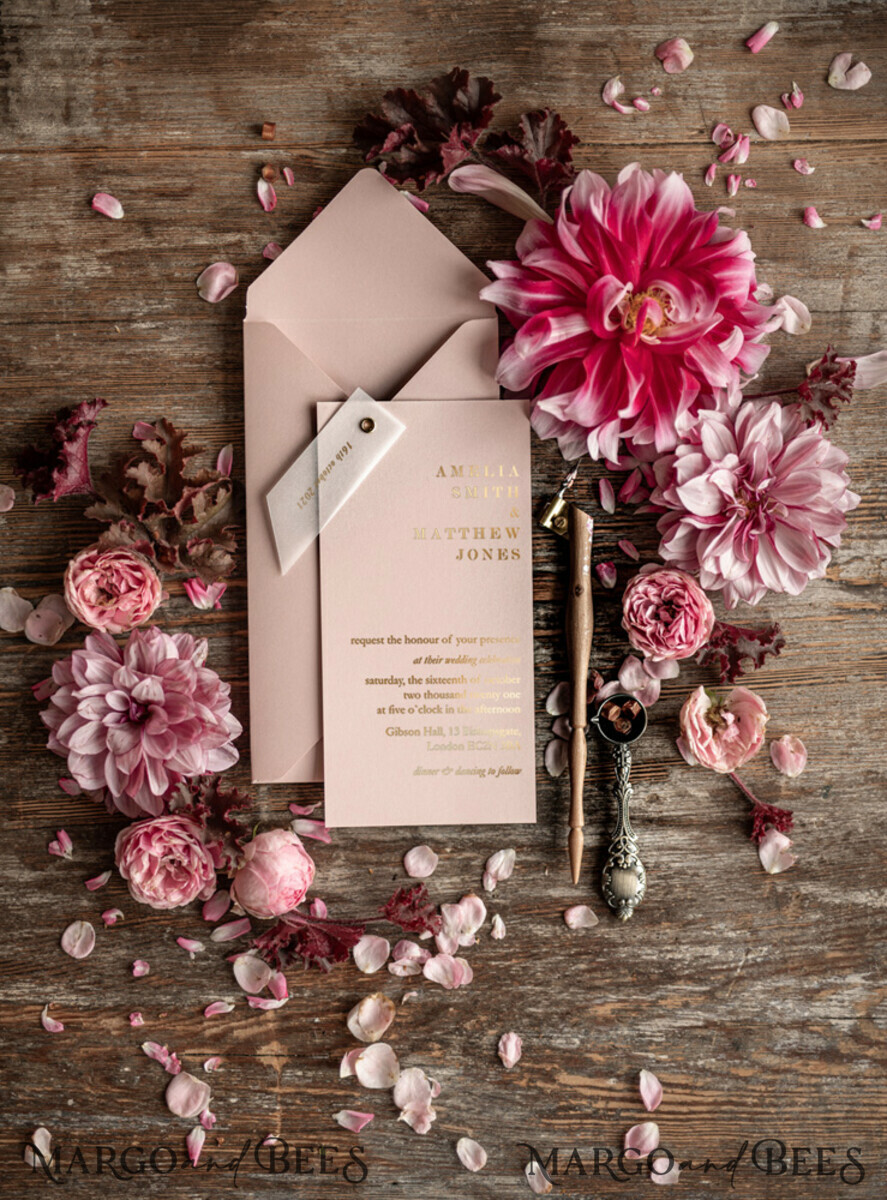 WEDDING INVITATIONS gold / rose gold / silver / glitter Glamour Gold Foil Wedding Invitations, Elegant Blush Pink Geometric Wedding Cards, Bespoke White Vellum Wedding Invites, Luxury Golden Shine Wedding Invitation Suite