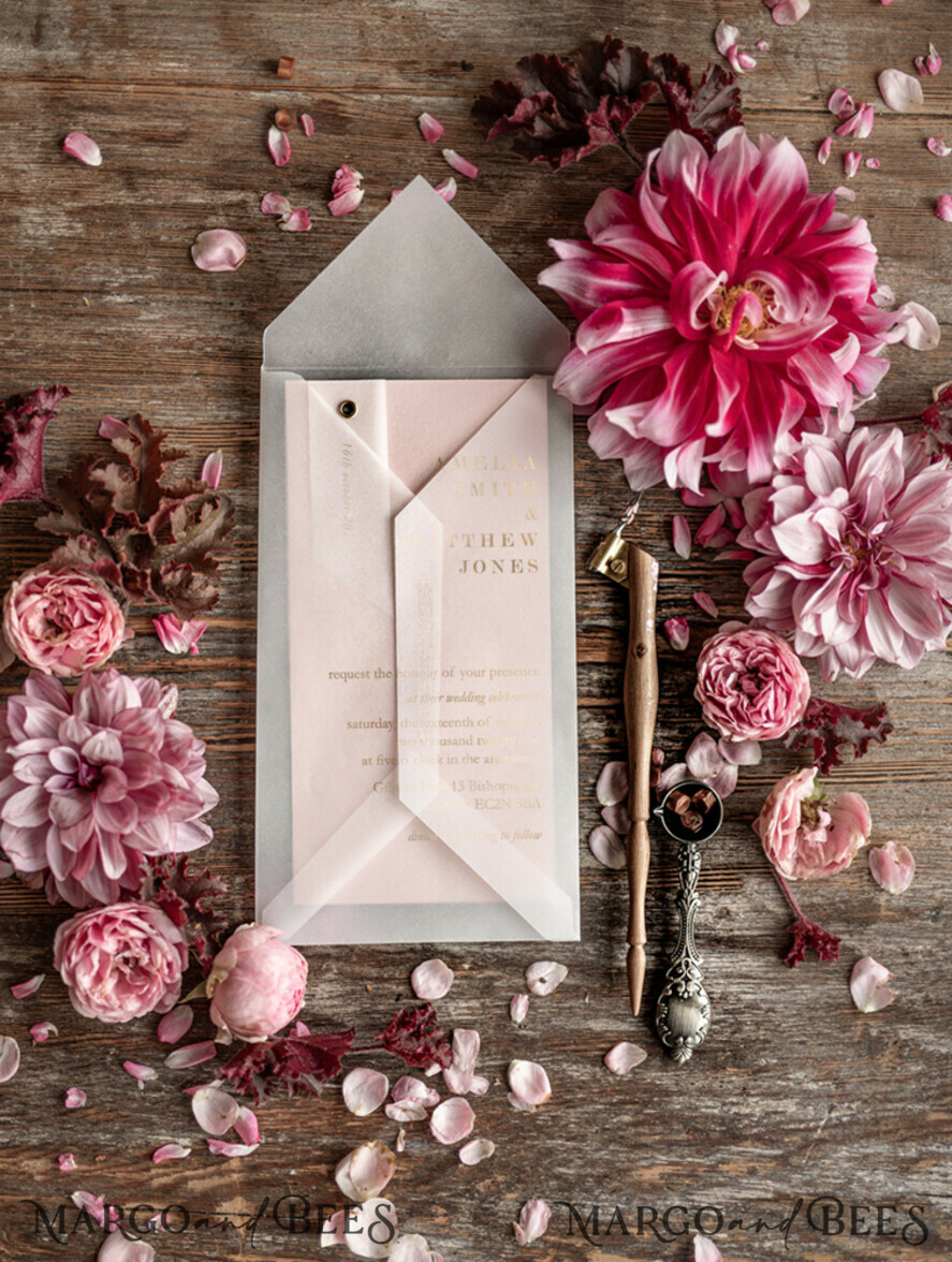 WEDDING INVITATIONS gold / rose gold / silver / glitter Glamour Gold Foil Wedding Invitations, Elegant Blush Pink Geometric Wedding Cards, Bespoke White Vellum Wedding Invites, Luxury Golden Shine Wedding Invitation Suite