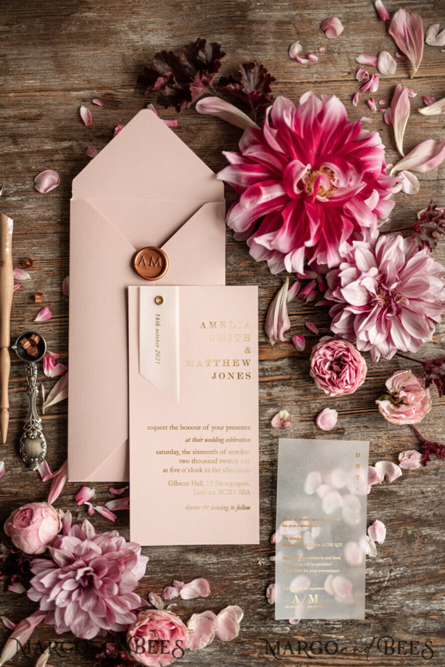 WEDDING INVITATIONS gold / rose gold / silver / glitter Glamour Gold Foil Wedding Invitations, Elegant Blush Pink Geometric Wedding Cards, Bespoke White Vellum Wedding Invites, Luxury Golden Shine Wedding Invitation Suite