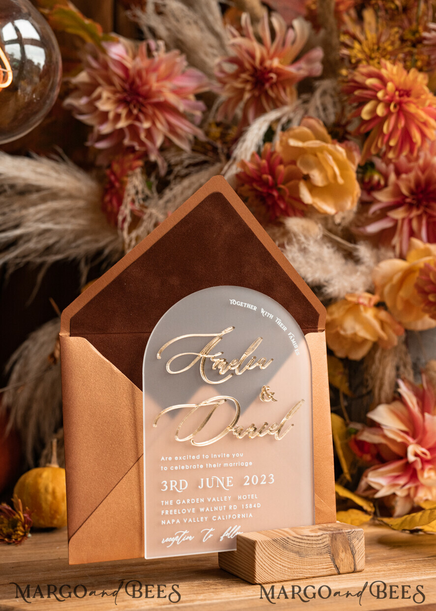 WEDDING INVITATIONS gold / rose gold / silver / glitter Fall Terracotta Modern Arch 3d Wedding Invitation Suite, Bespoke Frozen Acrylic Gold wedding invitation set, Luxury Velvet Wedding Invitations Frosted Plexi Glass golden Names, Glamour Wedding Invitation Suite, 3D Gold mirror fall copper invites , Wedding Cards