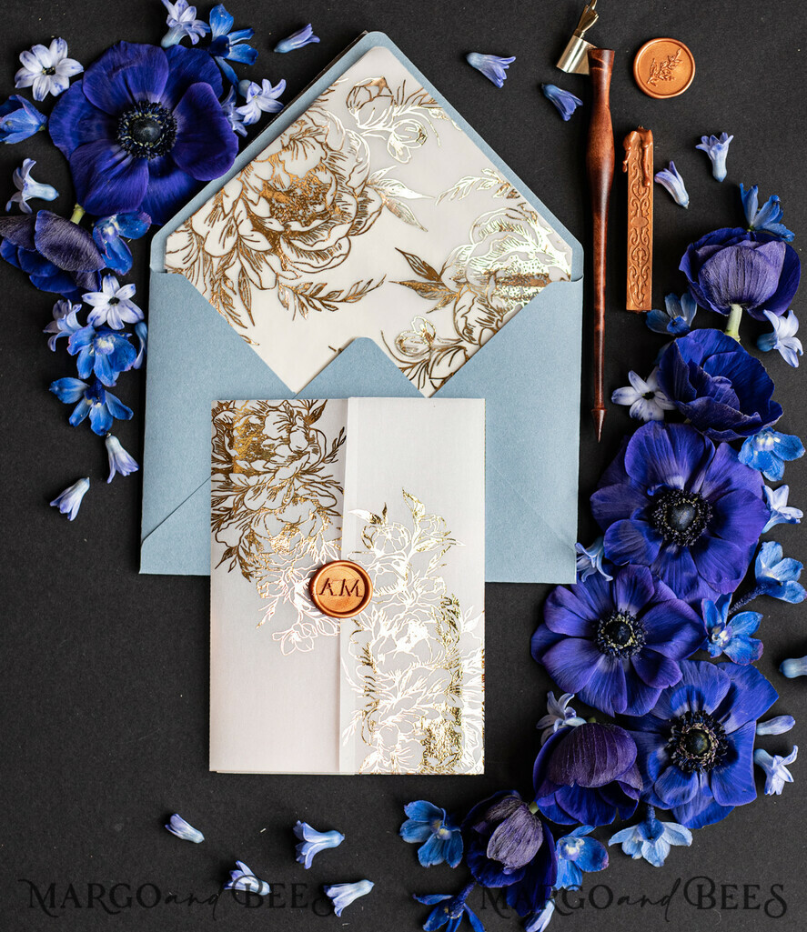 WEDDING INVITATIONS gold / rose gold / silver / glitter Acrylic wedding invitations, Glamour Ice Blue and Gold Wedding Invitations, Golden Wax Seal Wedding Invitation Suite, Luxury Wedding Cards Light Blue
