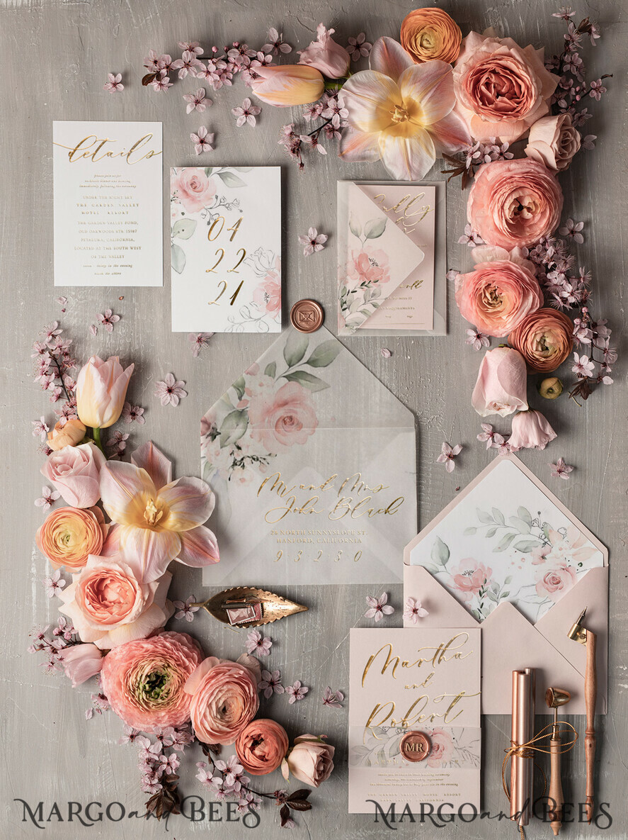 WEDDING INVITATIONS gold / rose gold / silver / glitter Minimalistic Floral Wedding Invitations, Romantic Blush Pink Wedding Cards, Elegant White Vellum Wedding Invites, Glamour Gold Foil Wedding Invitation Suite