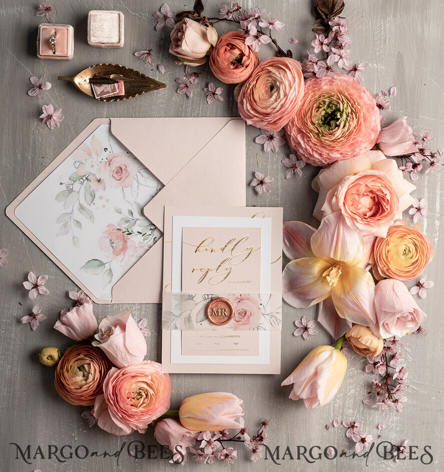 WEDDING INVITATIONS gold / rose gold / silver / glitter Minimalistic Floral Wedding Invitations, Romantic Blush Pink Wedding Cards, Elegant White Vellum Wedding Invites, Glamour Gold Foil Wedding Invitation Suite