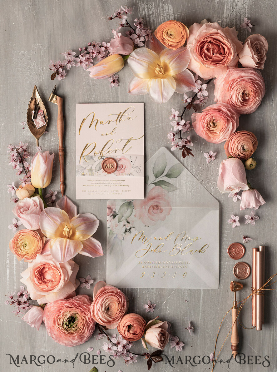 WEDDING INVITATIONS gold / rose gold / silver / glitter Minimalistic Floral Wedding Invitations, Romantic Blush Pink Wedding Cards, Elegant White Vellum Wedding Invites, Glamour Gold Foil Wedding Invitation Suite