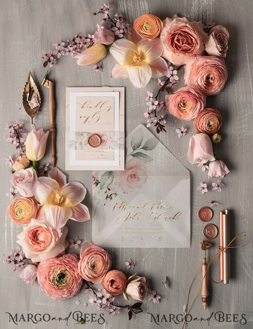 WEDDING INVITATIONS gold / rose gold / silver / glitter Minimalistic Floral Wedding Invitations, Romantic Blush Pink Wedding Cards, Elegant White Vellum Wedding Invites, Glamour Gold Foil Wedding Invitation Suite