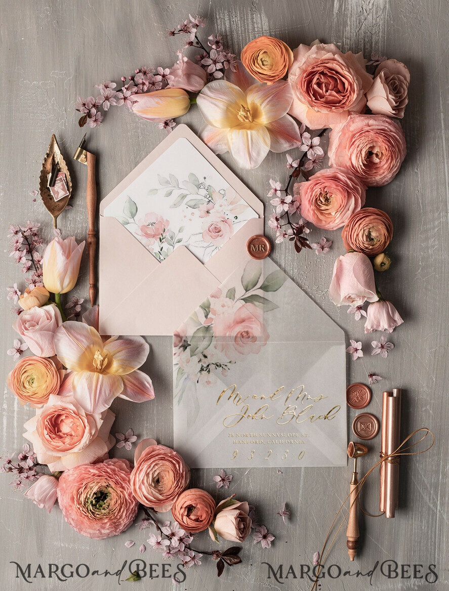 WEDDING INVITATIONS gold / rose gold / silver / glitter Minimalistic Floral Wedding Invitations, Romantic Blush Pink Wedding Cards, Elegant White Vellum Wedding Invites, Glamour Gold Foil Wedding Invitation Suite
