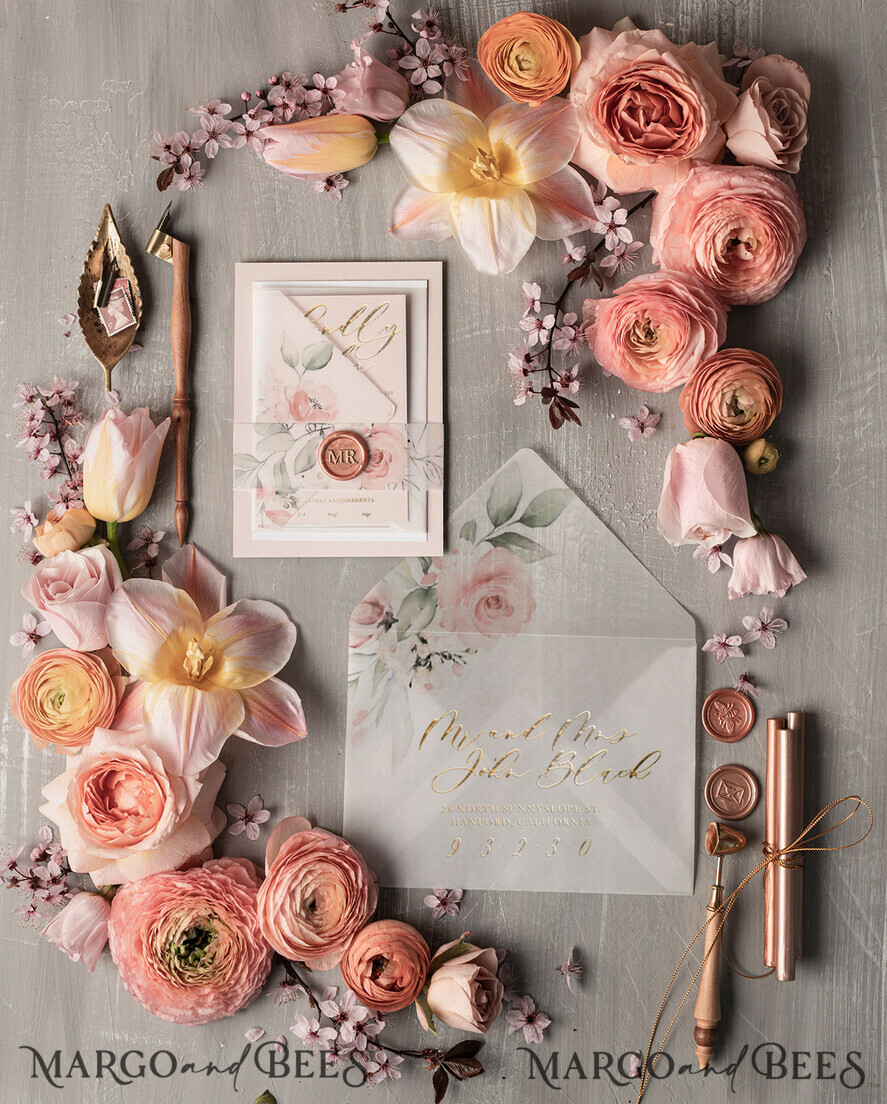WEDDING INVITATIONS gold / rose gold / silver / glitter Minimalistic Floral Wedding Invitations, Romantic Blush Pink Wedding Cards, Elegant White Vellum Wedding Invites, Glamour Gold Foil Wedding Invitation Suite