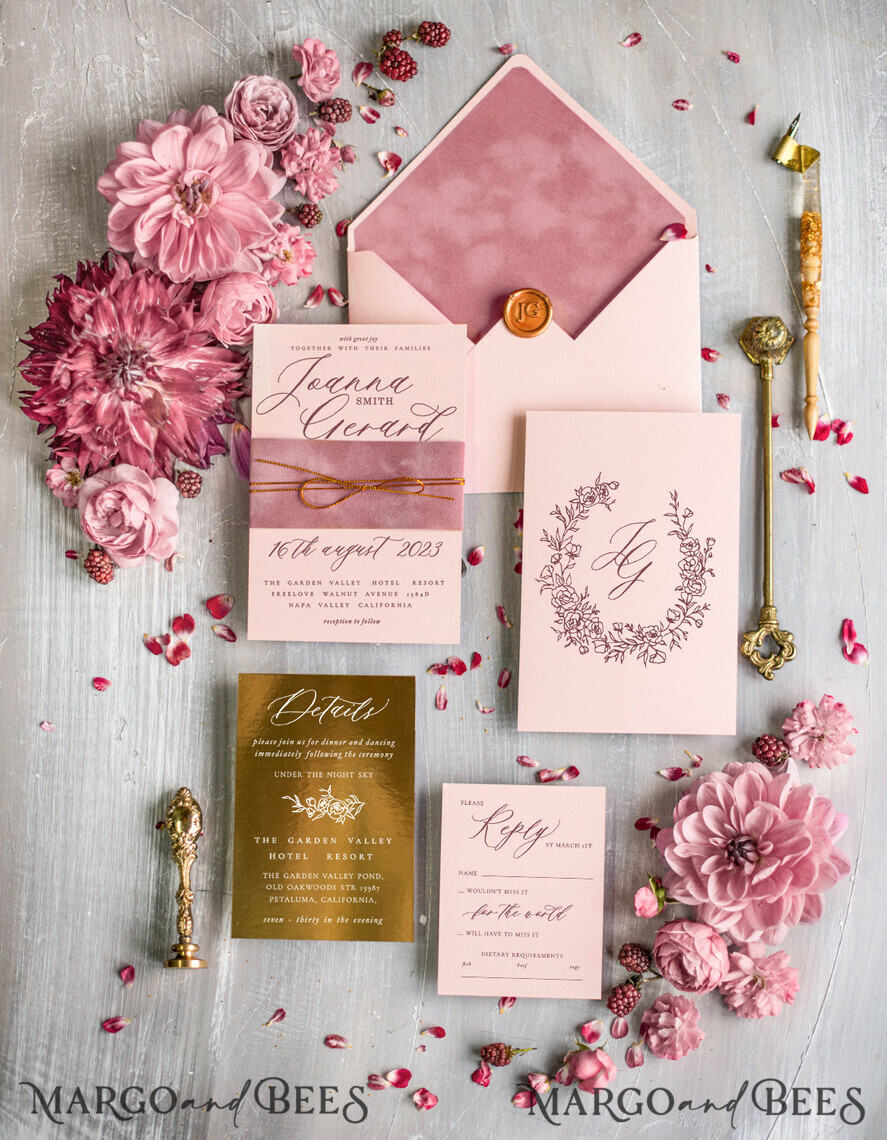 WEDDING INVITATIONS gold / rose gold / silver / glitter Bespoke Velvet Wedding Invitation Suite, Blush Pink Glamour Wedding Cards, Luxury Golden Wedding Invitations, Romantic Wedding Stationery