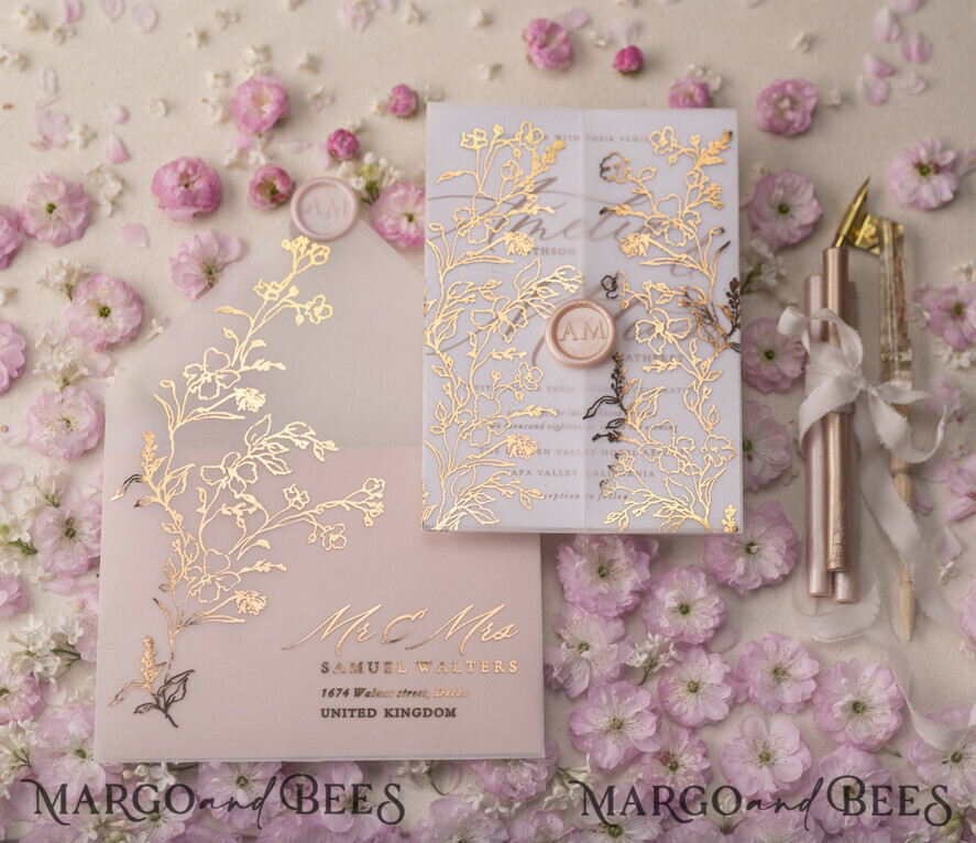 WEDDING INVITATIONS gold / rose gold / silver / glitter Luxury Gold Foil Wedding Invitations, Glamour Golden Wedding Invites, Elegant Floral Wedding Invitation Suite, Romantic Blush Pink Wedding Cards
