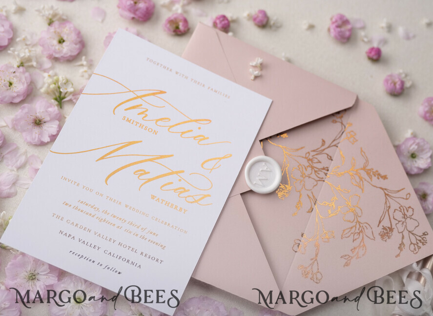 WEDDING INVITATIONS gold / rose gold / silver / glitter Luxury Gold Foil Wedding Invitations, Glamour Golden Wedding Invites, Elegant Floral Wedding Invitation Suite, Romantic Blush Pink Wedding Cards