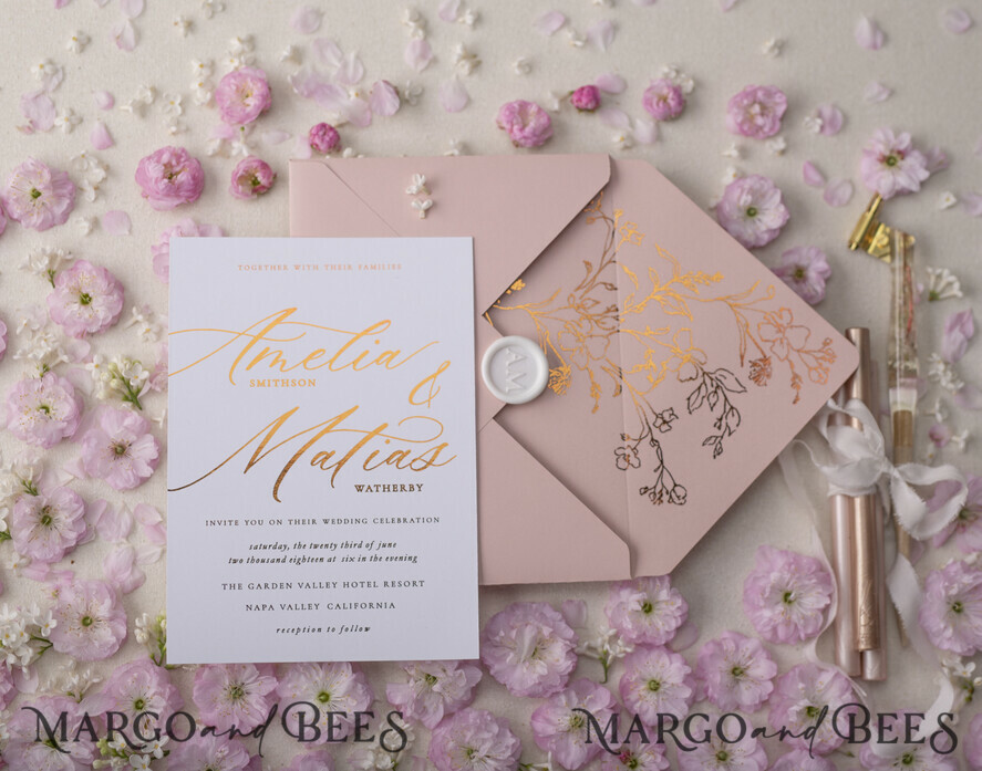 WEDDING INVITATIONS gold / rose gold / silver / glitter Luxury Gold Foil Wedding Invitations, Glamour Golden Wedding Invites, Elegant Floral Wedding Invitation Suite, Romantic Blush Pink Wedding Cards