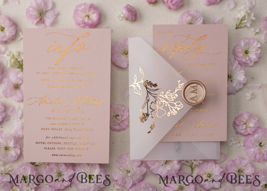 WEDDING INVITATIONS gold / rose gold / silver / glitter Luxury Gold Foil Wedding Invitations, Glamour Golden Wedding Invites, Elegant Floral Wedding Invitation Suite, Romantic Blush Pink Wedding Cards