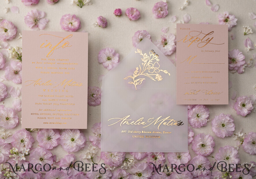 WEDDING INVITATIONS gold / rose gold / silver / glitter Luxury Gold Foil Wedding Invitations, Glamour Golden Wedding Invites, Elegant Floral Wedding Invitation Suite, Romantic Blush Pink Wedding Cards