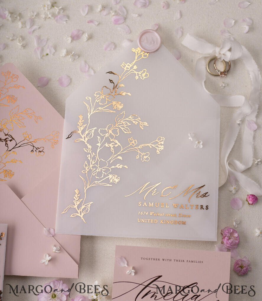 WEDDING INVITATIONS gold / rose gold / silver / glitter Luxury Gold Foil Wedding Invitations, Glamour Golden Wedding Invites, Elegant Floral Wedding Invitation Suite, Romantic Blush Pink Wedding Cards