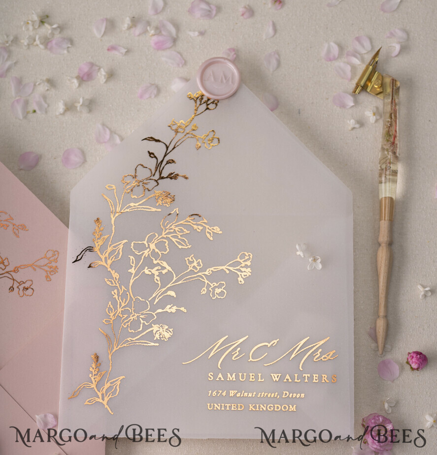 WEDDING INVITATIONS gold / rose gold / silver / glitter Luxury Gold Foil Wedding Invitations, Glamour Golden Wedding Invites, Elegant Floral Wedding Invitation Suite, Romantic Blush Pink Wedding Cards