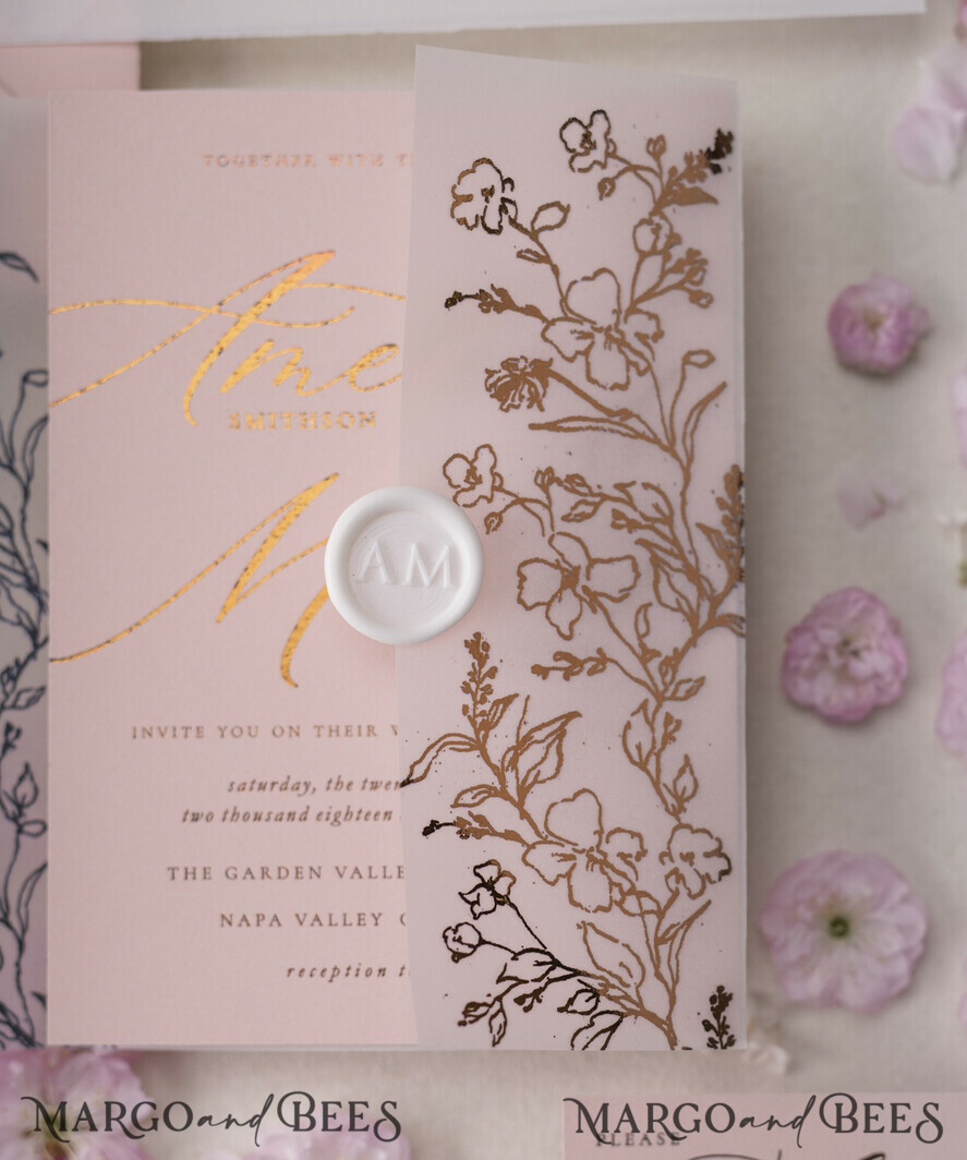 WEDDING INVITATIONS gold / rose gold / silver / glitter Luxury Gold Foil Wedding Invitations, Glamour Golden Wedding Invites, Elegant Floral Wedding Invitation Suite, Romantic Blush Pink Wedding Cards