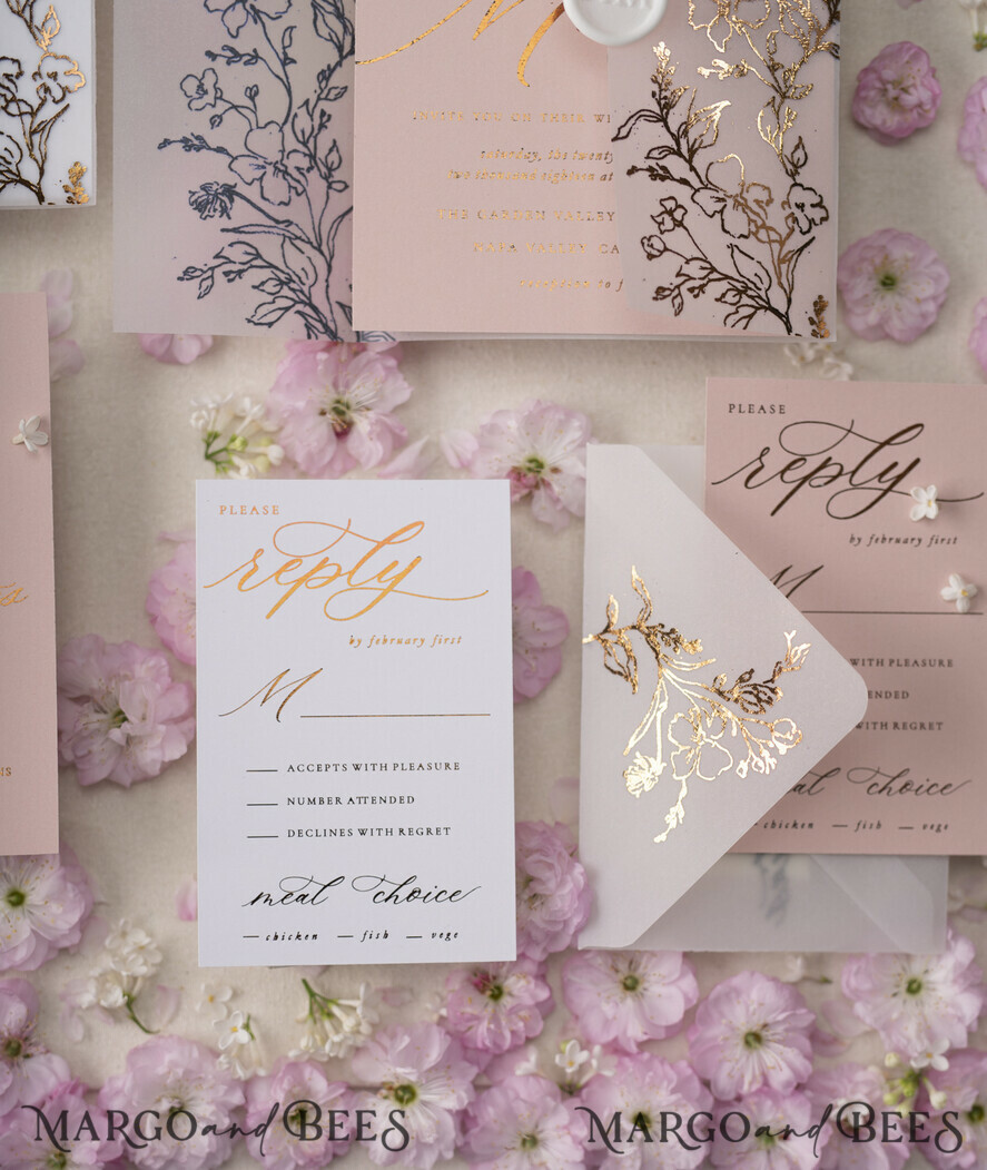 WEDDING INVITATIONS gold / rose gold / silver / glitter Luxury Gold Foil Wedding Invitations, Glamour Golden Wedding Invites, Elegant Floral Wedding Invitation Suite, Romantic Blush Pink Wedding Cards