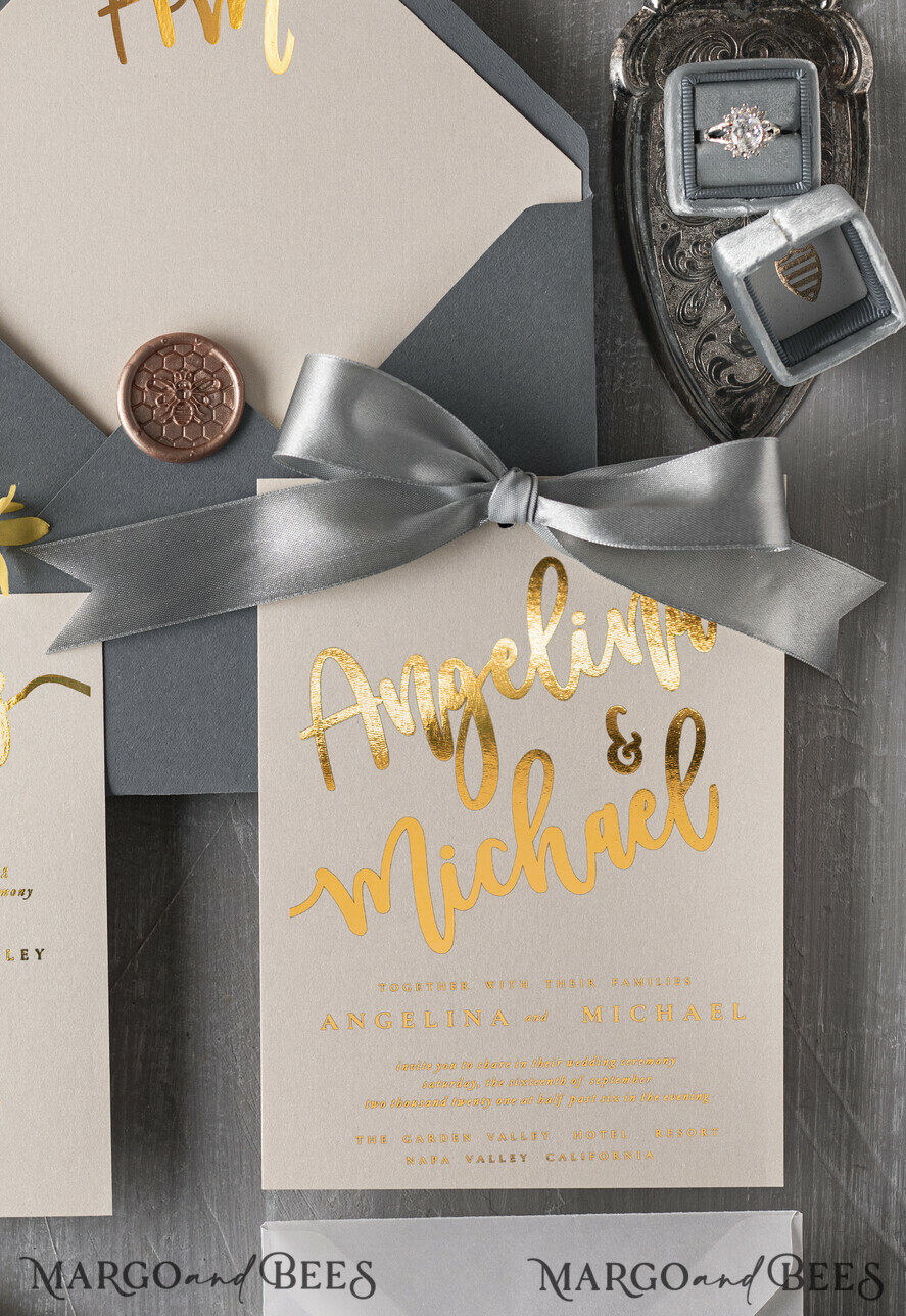 WEDDING INVITATIONS gold / rose gold / silver / glitter Glamour Golden Wedding Invitations, Elegant Grey Wedding Cards, Bespoke Nude Wedding Invites With Bow, Luxury Handmade Wedding Invitation Suite