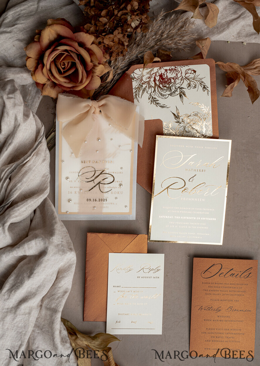 WEDDING INVITATIONS gold / rose gold / silver / glitter terracotta Chiffon bow beaded bespoke Elegant Burnt orange Gold Wedding Invitation Suite, White Perls Golden Wedding Cards, Boho golden folder Wedding Stationery, Vellum etui with monogram