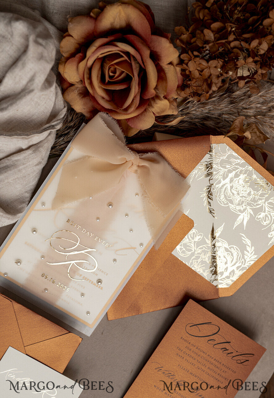WEDDING INVITATIONS gold / rose gold / silver / glitter terracotta Chiffon bow beaded bespoke Elegant Burnt orange Gold Wedding Invitation Suite, White Perls Golden Wedding Cards, Boho golden folder Wedding Stationery, Vellum etui with monogram