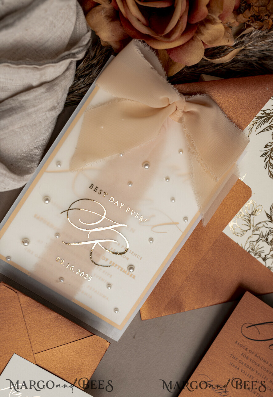 WEDDING INVITATIONS gold / rose gold / silver / glitter terracotta Chiffon bow beaded bespoke Elegant Burnt orange Gold Wedding Invitation Suite, White Perls Golden Wedding Cards, Boho golden folder Wedding Stationery, Vellum etui with monogram
