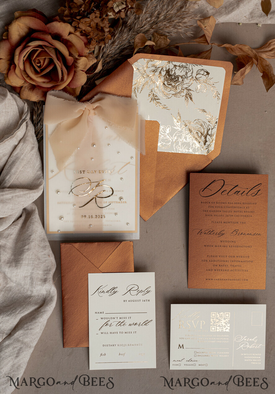 WEDDING INVITATIONS gold / rose gold / silver / glitter terracotta Chiffon bow beaded bespoke Elegant Burnt orange Gold Wedding Invitation Suite, White Perls Golden Wedding Cards, Boho golden folder Wedding Stationery, Vellum etui with monogram