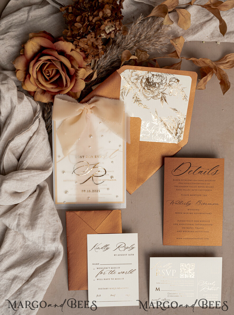 WEDDING INVITATIONS gold / rose gold / silver / glitter terracotta Chiffon bow beaded bespoke Elegant Burnt orange Gold Wedding Invitation Suite, White Perls Golden Wedding Cards, Boho golden folder Wedding Stationery, Vellum etui with monogram