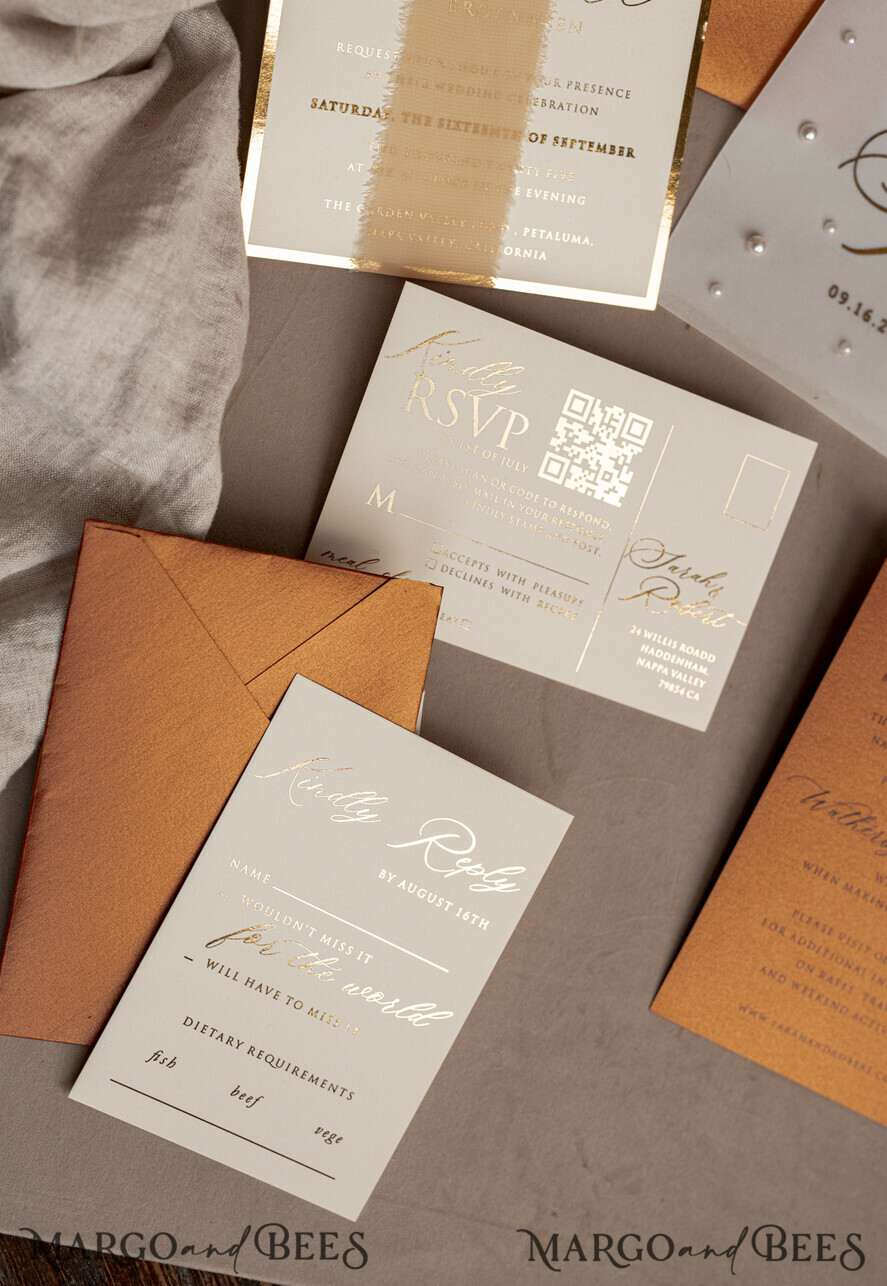 WEDDING INVITATIONS gold / rose gold / silver / glitter terracotta Chiffon bow beaded bespoke Elegant Burnt orange Gold Wedding Invitation Suite, White Perls Golden Wedding Cards, Boho golden folder Wedding Stationery, Vellum etui with monogram
