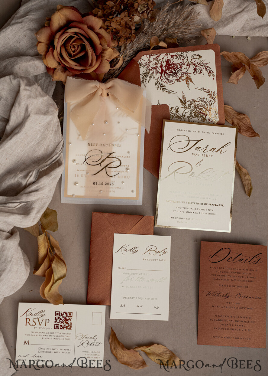 WEDDING INVITATIONS gold / rose gold / silver / glitter terracotta Chiffon bow beaded bespoke Elegant Burnt orange Gold Wedding Invitation Suite, White Perls Golden Wedding Cards, Boho golden folder Wedding Stationery, Vellum etui with monogram