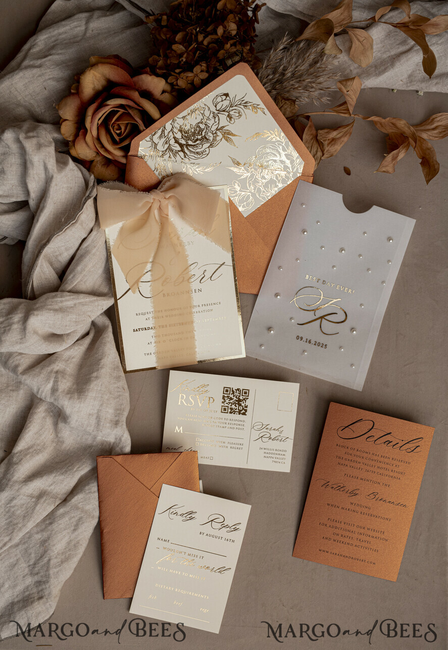 WEDDING INVITATIONS gold / rose gold / silver / glitter terracotta Chiffon bow beaded bespoke Elegant Burnt orange Gold Wedding Invitation Suite, White Perls Golden Wedding Cards, Boho golden folder Wedding Stationery, Vellum etui with monogram